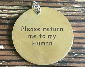 Please return me to my Human - Large 1 1/4" Custom Pet Id Tag - Personalized Hand-Stamped Dog Name Tag Funny