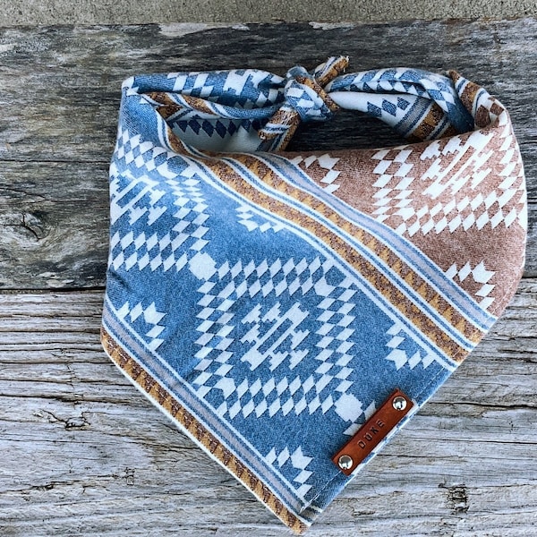 Bandana Dog, Taos Flannel Powder Blue Tan and Ivory, Traditional Tie, Personalized Leather Name Tag Bandanna, Pet Accessories, Dog Bandana