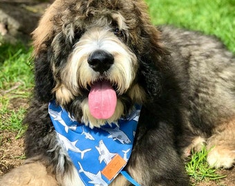 Dog Bandana for Large Dogs, Blue Ocean Sharks, Dog Bandana, Traditional Tie, Personalized Leather Name Tag Bandanna, Scarf, Pet Accessories