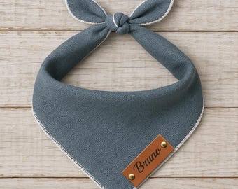 Dog Bandana, Trooper Grey, Personalized Bandana with Leather Name Tag, White Merrow Hem - Dog Clothing, Pet Lover Gifts, Pet Accessory
