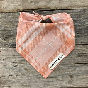 Dog Bandana, Warm Neutral Fall Plaid Blush, White Leather Personalized Name Tag, Dog Bandana Unisex Dog Bandana, Dog Clothes Scarf Toys Dogs