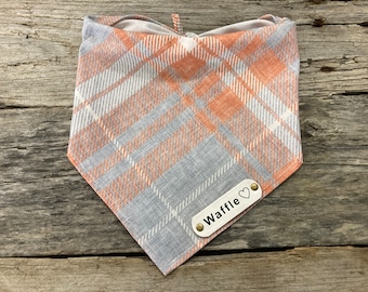 Dog Bandana, Winter Plaid Orange Blue White, White Leather Personalized Name Tag, Tie On Dog Dog Bandana Boho Dog Bandana Unisex Dog Bandana