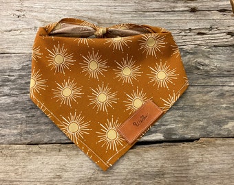 Dog Bandana, Sunshine Dog Bandana Rust Brown Personalized Leather Tag, Tie On Dog Rust Brown Dog Bandana Boho Dog Bandana Unisex Dog Bandana