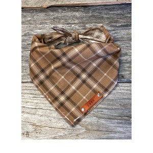 Dog Bandana, Chocolate Plaid, Dog Bandana, Traditional Tie, Personalized Leather Name Tag Bandanna, Scarf, Pet Accessories, Dog Bandana