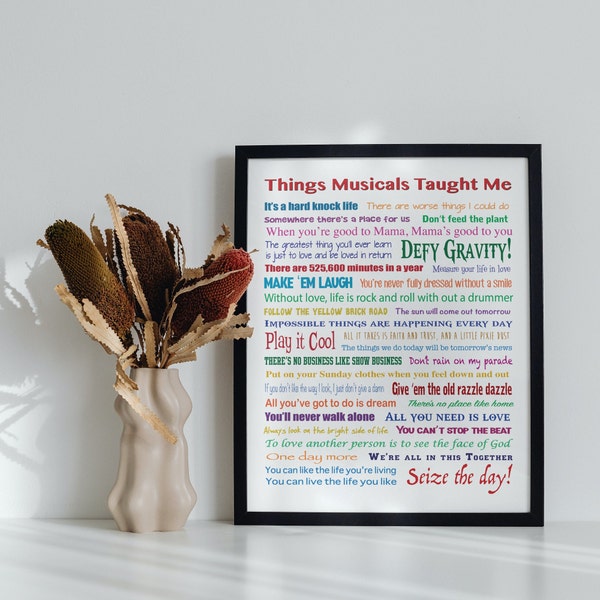 Things Musicals Taught Me, wall art, digital print, musical theater art, printable, digital download MUSICALS art, Broadway Song Lyrics