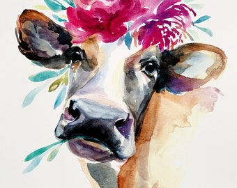 Lola May, floral cow, floral crown PRINT