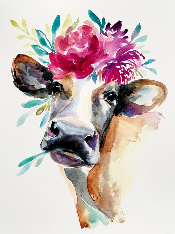 Watercolor Floral Crown Cow Animal Wall Art Canvas Painting Cattle