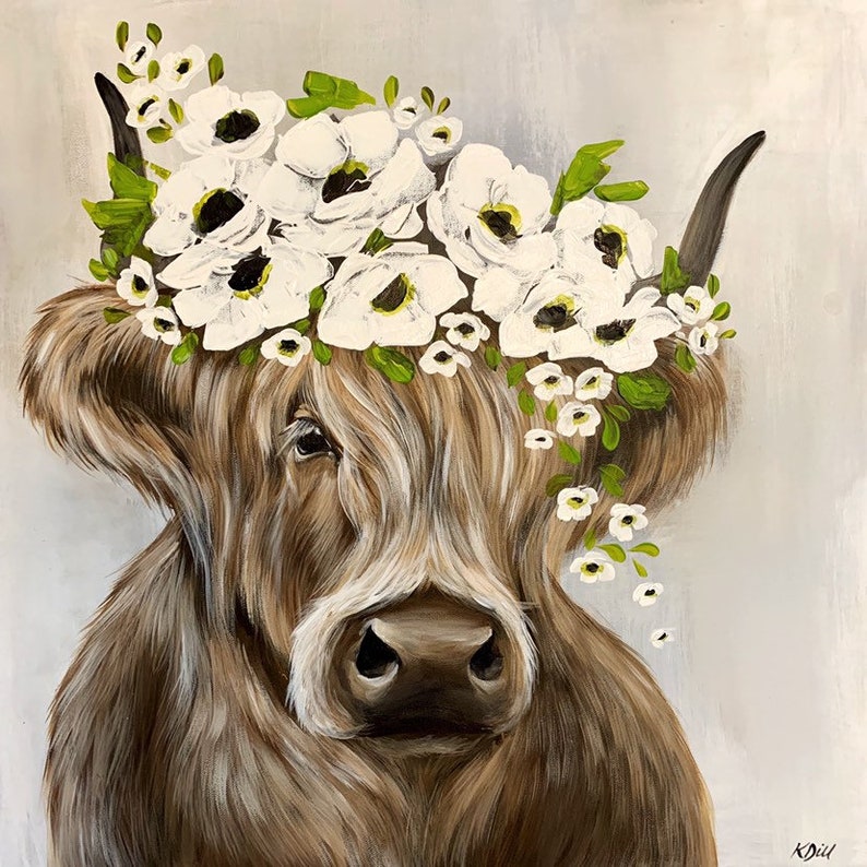 Mary Queen of Cows 20x20 Cow painting highland cow floral Etsy