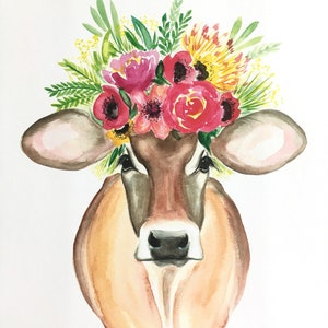 Miranda the Cow PRINT, floral cow, floral crown cow image 1