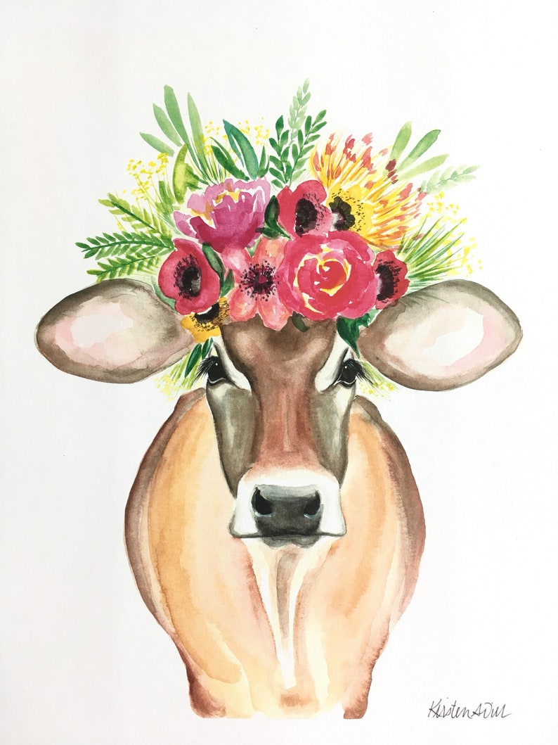 Miranda the Cow PRINT, floral cow, floral crown cow image 1