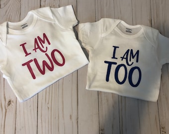 Twins Birthday Shirt , Matching Baby Bodysuits, Second bday party, I Am Two, I Am Too, Twinsies, Twinning, Fraternal Twins, Glitter Shirt, 2