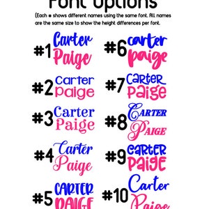 Peut inclure: Dix styles de police diff&eacute;rents pour les noms Carter et Paige. Chaque style de police est num&eacute;rot&eacute; de 1 &agrave; 10. Les noms sont en bleu, rose et noir.