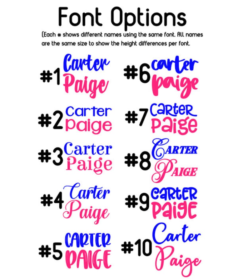 Peut inclure: Dix styles de police diff&eacute;rents pour les noms Carter et Paige. Chaque style de police est num&eacute;rot&eacute; de 1 &agrave; 10. Les noms sont en bleu, rose et noir.