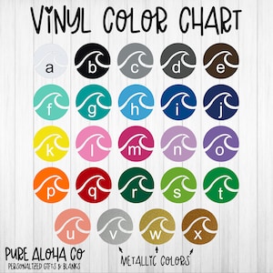 Peut inclure: Nuancier de couleurs vinyle avec 20 couleurs diff&eacute;rentes, &eacute;tiquet&eacute;es de a &agrave; x. Les couleurs sont dispos&eacute;es en rang&eacute;es de cinq, la premi&egrave;re rang&eacute;e &eacute;tant blanche, noire, grise, grise et marron. La deuxi&egrave;me rang&eacute;e est turquoise, sarcelle, bleu clair, bleu fonc&eacute; et bleu marine. La troisi&egrave;me rang&eacute;e est jaune, rose, rouge, violet et lavande. La quatri&egrave;me rang&eacute;e est orange, rouge, vert, vert et vert. La cinqui&egrave;me rang&eacute;e est p&ecirc;che, argent, or et marron. Le nuancier est intitul&eacute; "Nuancier de couleurs vinyle" en haut et "Pure Aloha Co. Cadeaux et articles personnalis&eacute;s" en bas. Le nuancier comprend &eacute;galement le texte "Couleurs m&eacute;tallis&eacute;es" avec une fl&egrave;che pointant vers la derni&egrave;re rang&eacute;e de couleurs.