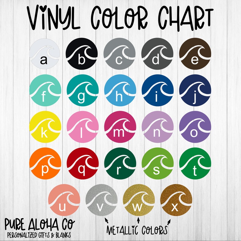 Peut inclure: Nuancier de couleurs vinyle avec 20 couleurs diff&eacute;rentes, &eacute;tiquet&eacute;es de a &agrave; x. Les couleurs sont dispos&eacute;es en rang&eacute;es de cinq, la premi&egrave;re rang&eacute;e &eacute;tant blanche, noire, grise, grise et marron. La deuxi&egrave;me rang&eacute;e est turquoise, sarcelle, bleu clair, bleu fonc&eacute; et bleu marine. La troisi&egrave;me rang&eacute;e est jaune, rose, rouge, violet et lavande. La quatri&egrave;me rang&eacute;e est orange, rouge, vert, vert et vert. La cinqui&egrave;me rang&eacute;e est p&ecirc;che, argent, or et marron. Le nuancier est intitul&eacute; "Nuancier de couleurs vinyle" en haut et "Pure Aloha Co. Cadeaux et articles personnalis&eacute;s" en bas. Le nuancier comprend &eacute;galement le texte "Couleurs m&eacute;tallis&eacute;es" avec une fl&egrave;che pointant vers la derni&egrave;re rang&eacute;e de couleurs.