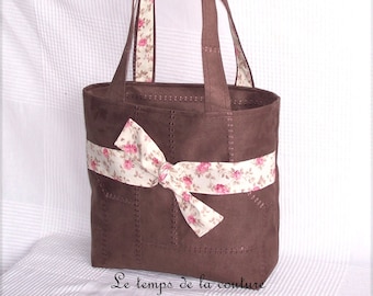 Sac cabas - marron chocolat, écru et rose - simili - Fait main.