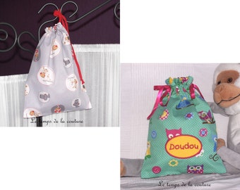 Sac pochon enfant à doudou ou à goûter – Tons de gris ou vert turquoise – Fait main