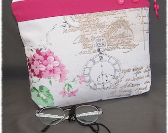 Pochette trousse à soufflet zippée motif fleur d'hortensia tons fuchsia beige et vert - FAIT MAIN.