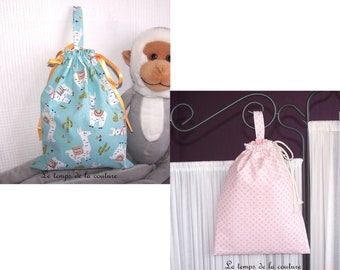 Sac pochon enfant à doudou ou à goûter – Tons de turquoise ou de rose – Fait main