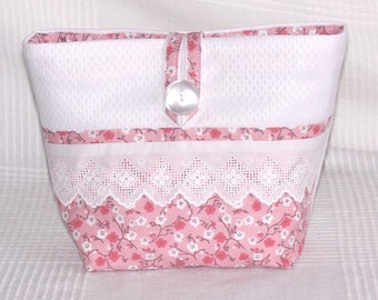 Pochette maquillage forme vide poche motif fleur de sakura tons rose et blanc - Fait main.