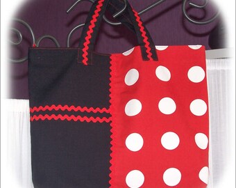 Sac cabas - zippé - Noir et rouge avec des pois blanc - "Coccinelle" - Fait main