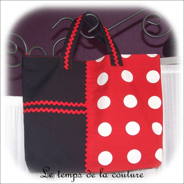 Sac cabas - zippé - Noir et rouge avec des pois blanc - "Coccinelle" - Fait main