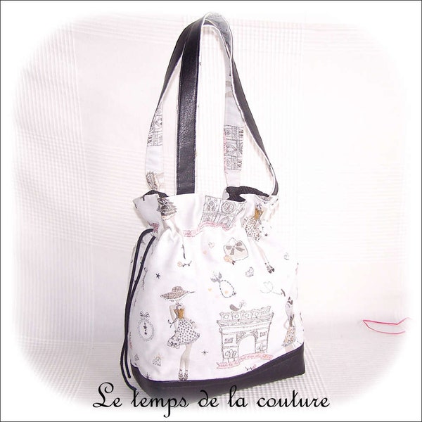 Sac à main - Sac seau - gris, noir, jaune et rose, motif "Femme parisienne" - Fait main.