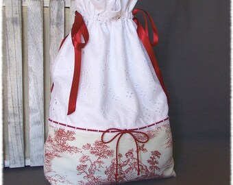 Sac pochon à lingerie façon toile de Jouy tons écru blanc rouge - Fait main.