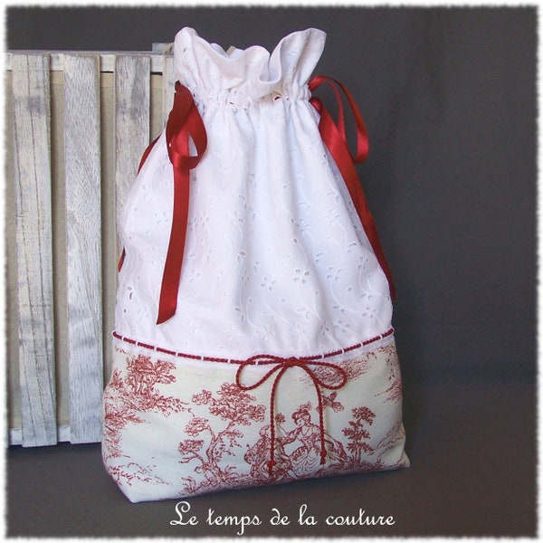 Sac pochon à lingerie façon toile de Jouy tons écru blanc rouge - Fait main.