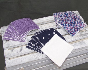 Lot de 6 lingettes lavables micro éponge de bambou motif gribouillis violet ou bleu marine étoile ou violet fleuri bleu – Fait main