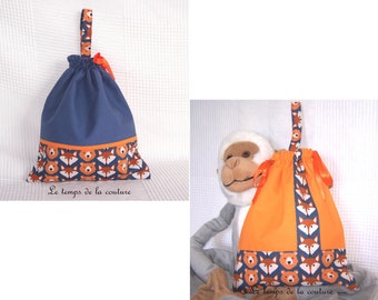 Sac pochon enfant à doudou ou à goûter – Tons de bleu, orange – Fait main