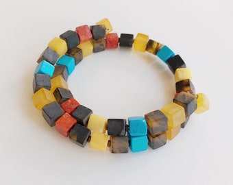 Multicolored Amber Bracelet, Turquoise and Coral with Baltic Amber Bracelet with Silver Beads
