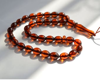 Amber Misbaha Prayer, Islam Rosary Made From Natural Baltic Amber, Genuine Baltic Amber Cognac Tespih Prayer Beads