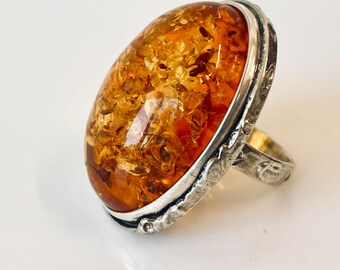 Cognac Baltic Amber Ring, Natural Amber in 925 Sterling Silver