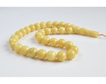 Butterscotch Amber Round Beads, Creamy Yellow Baltic Amber Islamic Prayer Beads 33 Worry Beads 44 g