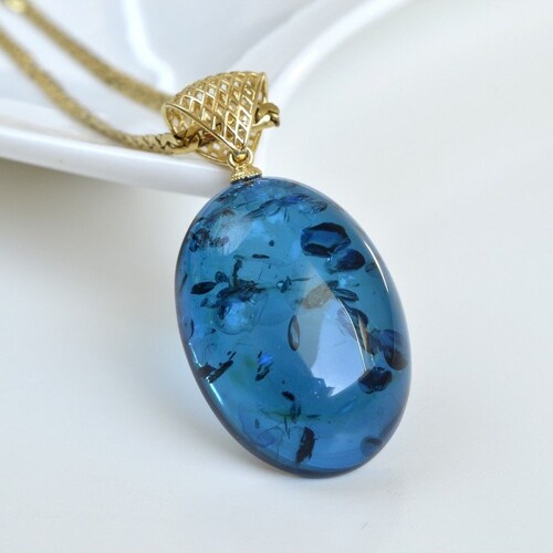 Natural Blue Baltic Amber Pendant, Gold-Plated 925 Silver Necklace good