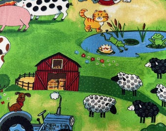 Animaux de la cour de la grange - moutons, porcs, oiseaux, tracteurs - coton imprimé très coloré