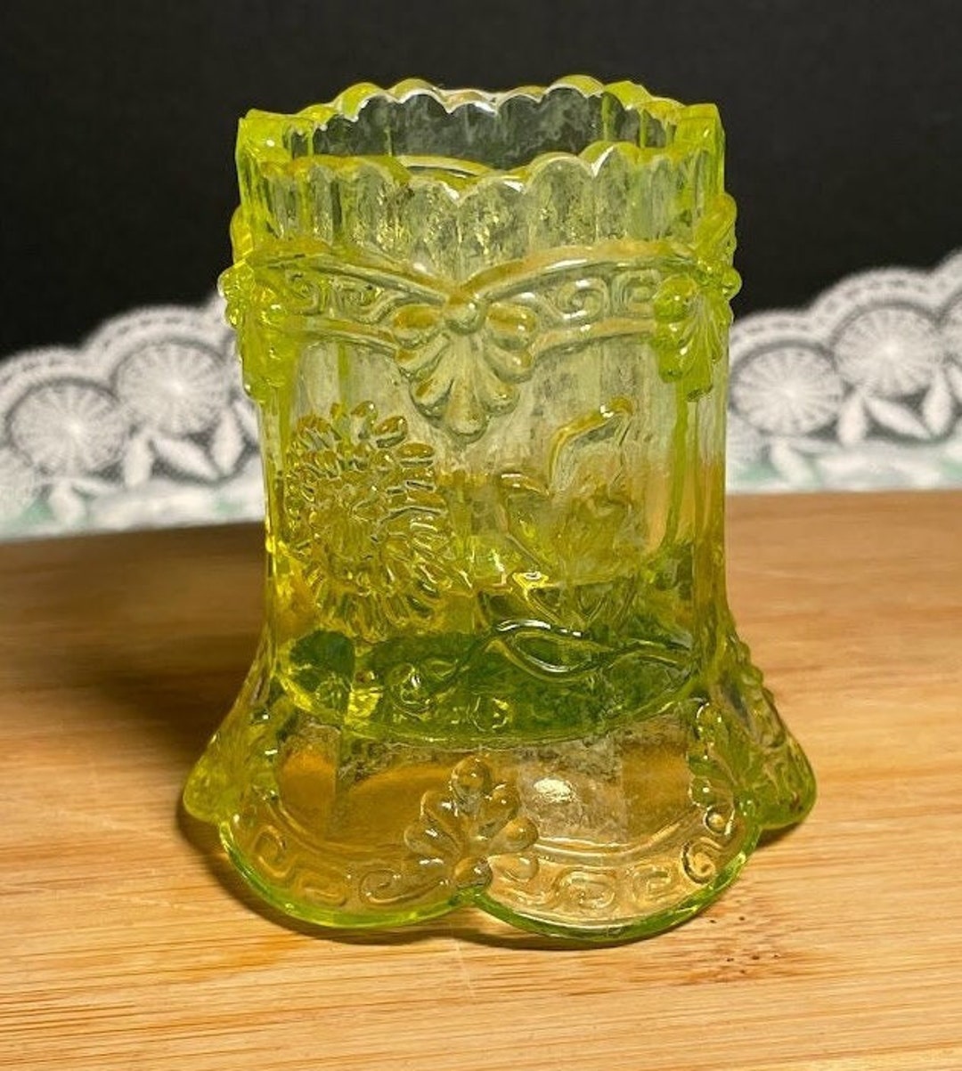 Vaseline Uranium Glass Toothpick Holder Petticoat Pattern Etsy