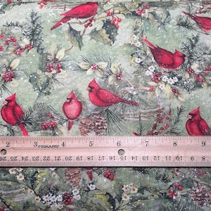 Remnant 16&quot; x 44&quot; CARDINALS, Snow, Holly, berries, pine branches - Beautiful cotton fabric! Discounted!