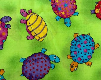 Colorful TURTLES on a lime green background! 100% Cotton fabric