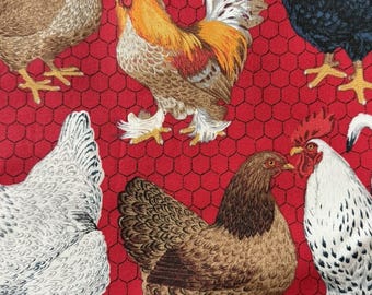 Coqs et poules ! 100 % coton sur fond rouge vif