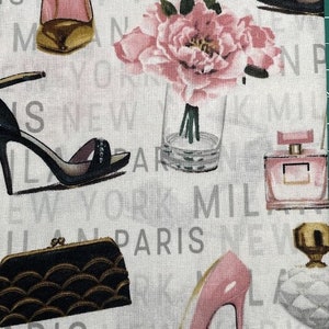 REMNANTS Paris fabric - floral, heels, perfume!   100% cotton