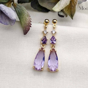 Lilac  crystal CZ earrings, edwardian gold - amethyst colour earrings, dangle earrings, wedding bridal earrings, vintage style, teardrop
