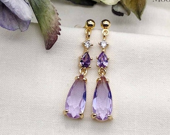 Lilac  crystal CZ earrings, edwardian gold - amethyst colour earrings, dangle earrings, wedding bridal earrings, vintage style, teardrop