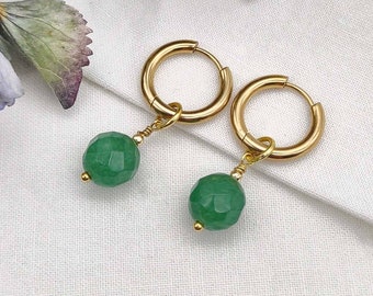 Green Jade hoop earrings, dainty gemstone huggie earrings, dangle earrings, boho earrings, wedding bridal birthstone gift earrings