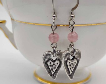 Pink Glass HEART earrings, simple everyday earrings, dangle earrings, boho earrings, hippy earrings, gift idea, modern silver colour