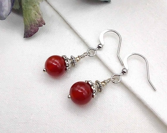 Red Carnelian silver gemstone earrings, short everyday earrings, dangle earrings, boho earrings, alternative, wedding, gift idea, modern