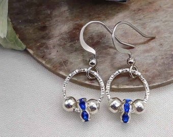 Tiny Rhinestone silver circles earrings, blue  earrings, silver colour dangle earrings, boho earrings,unisex earrings, everyday earrings,