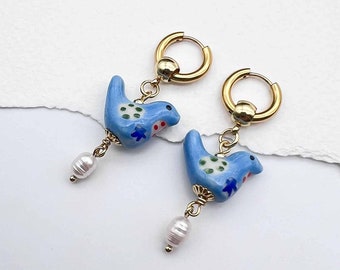 Blue bird porcelain and pearl hoop earrings, gemstone huggie earrings, dangle earrings, boho earrings, bridal, stainless steel, gift
