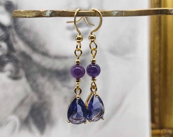 Amethyst and Crystal glass teardrops earrings, edwardian gold plated gem earrings, dangle earrings, wedding bridal earrings, vintage style